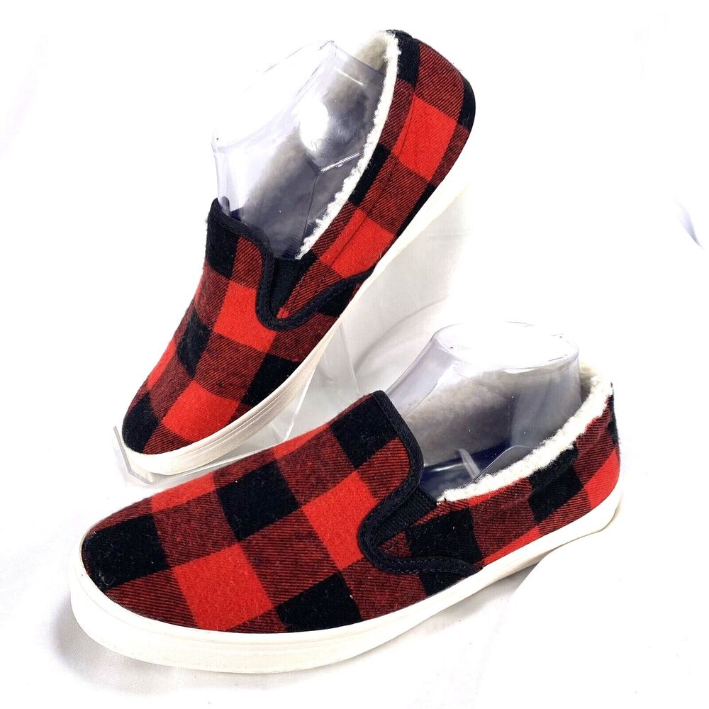 Old Navy Men's 8.5(25.5 cm) Slip-on Sneakers Faux Sherpa Lined Buffalo Plaid Y2K